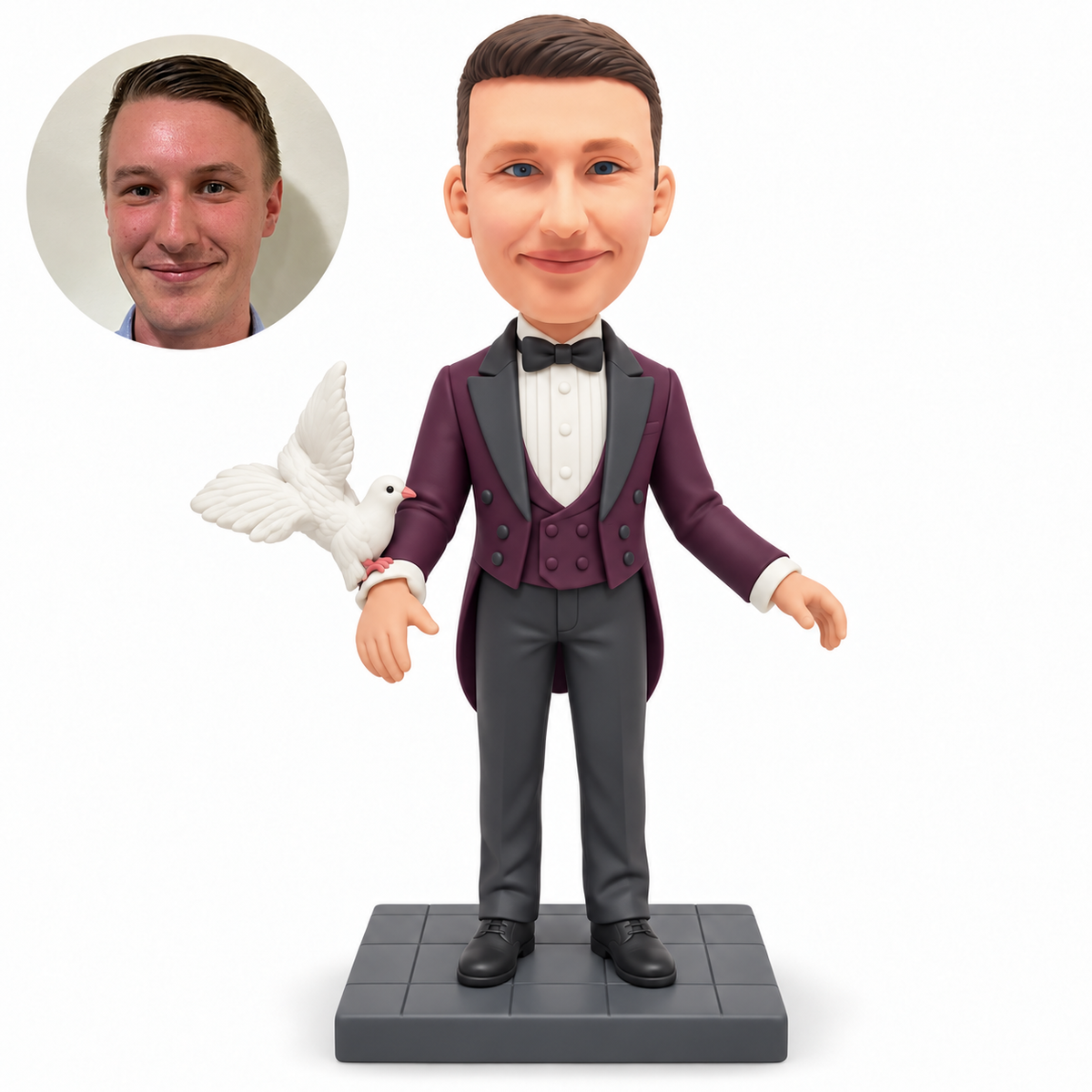 custom bobblehead figure male magician with a dove perched on his wrist