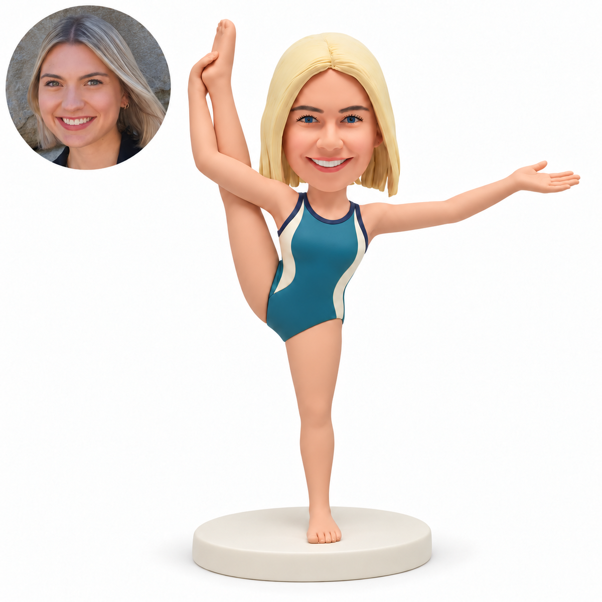 custom bobblehead figure female gymnast holding one leg upright beside her head