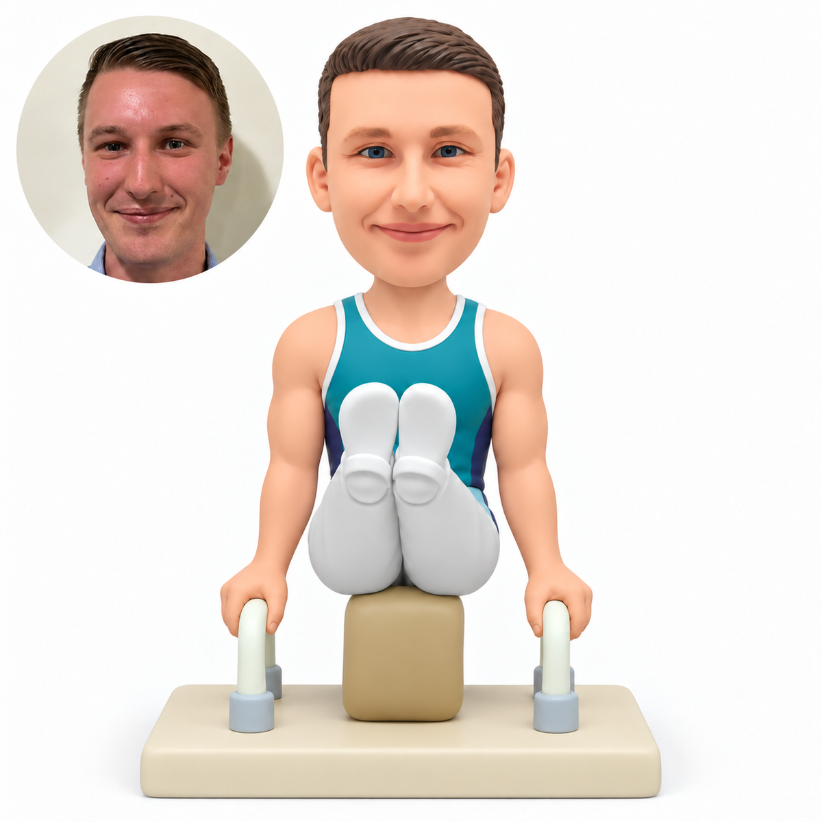 custom bobblehead figure male gymnast on low handles with both feet raised