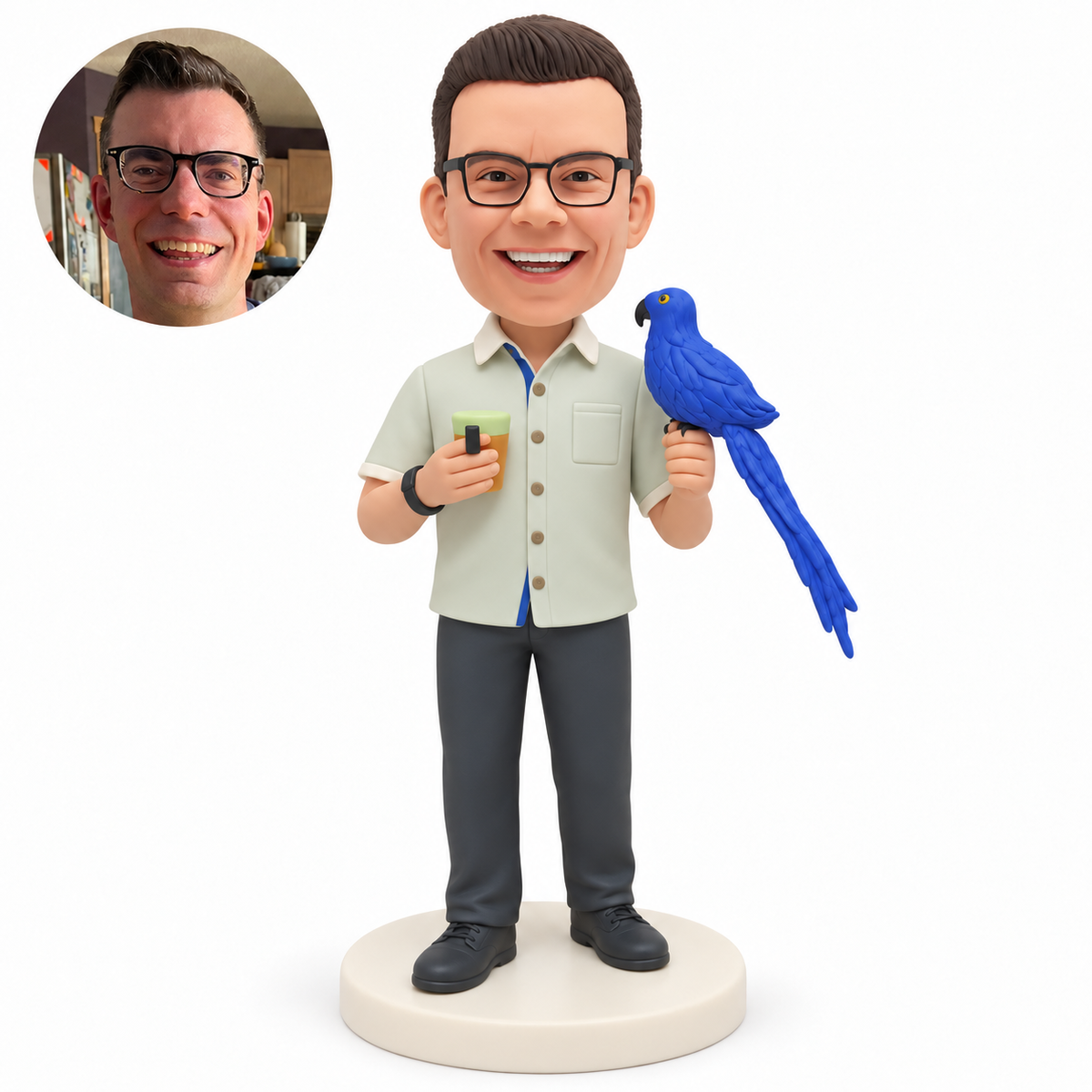 custom bobblehead figure man holding a parrot and a small container