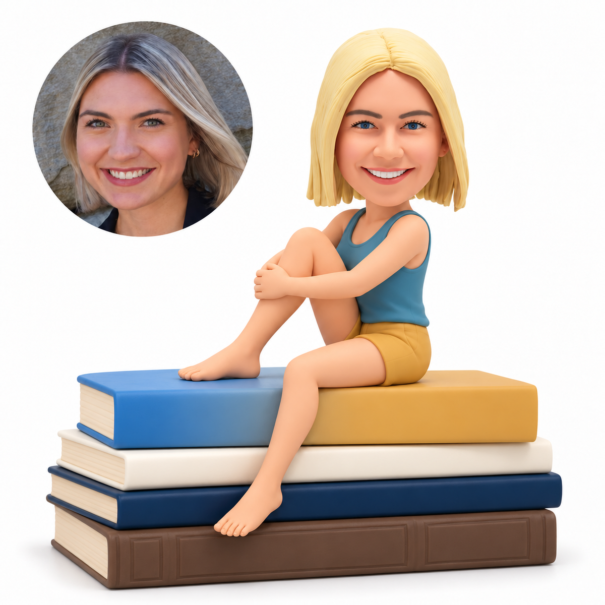 custom bobblehead figure woman seated on stacked books hugging one raised knee