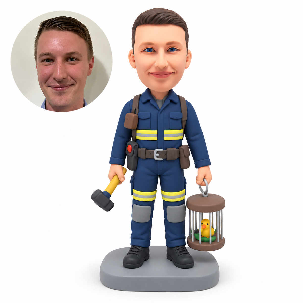 custom bobblehead figure male mine worker holding a hammer and a birdcage