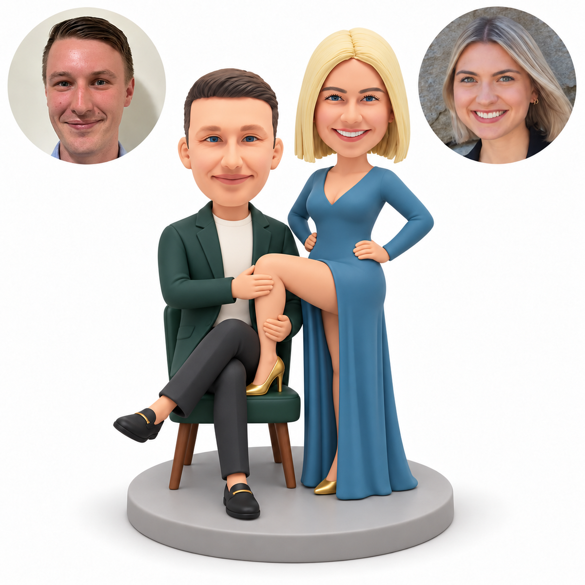 custom bobblehead figures couple with a seated man holding the raised leg of a standing woman