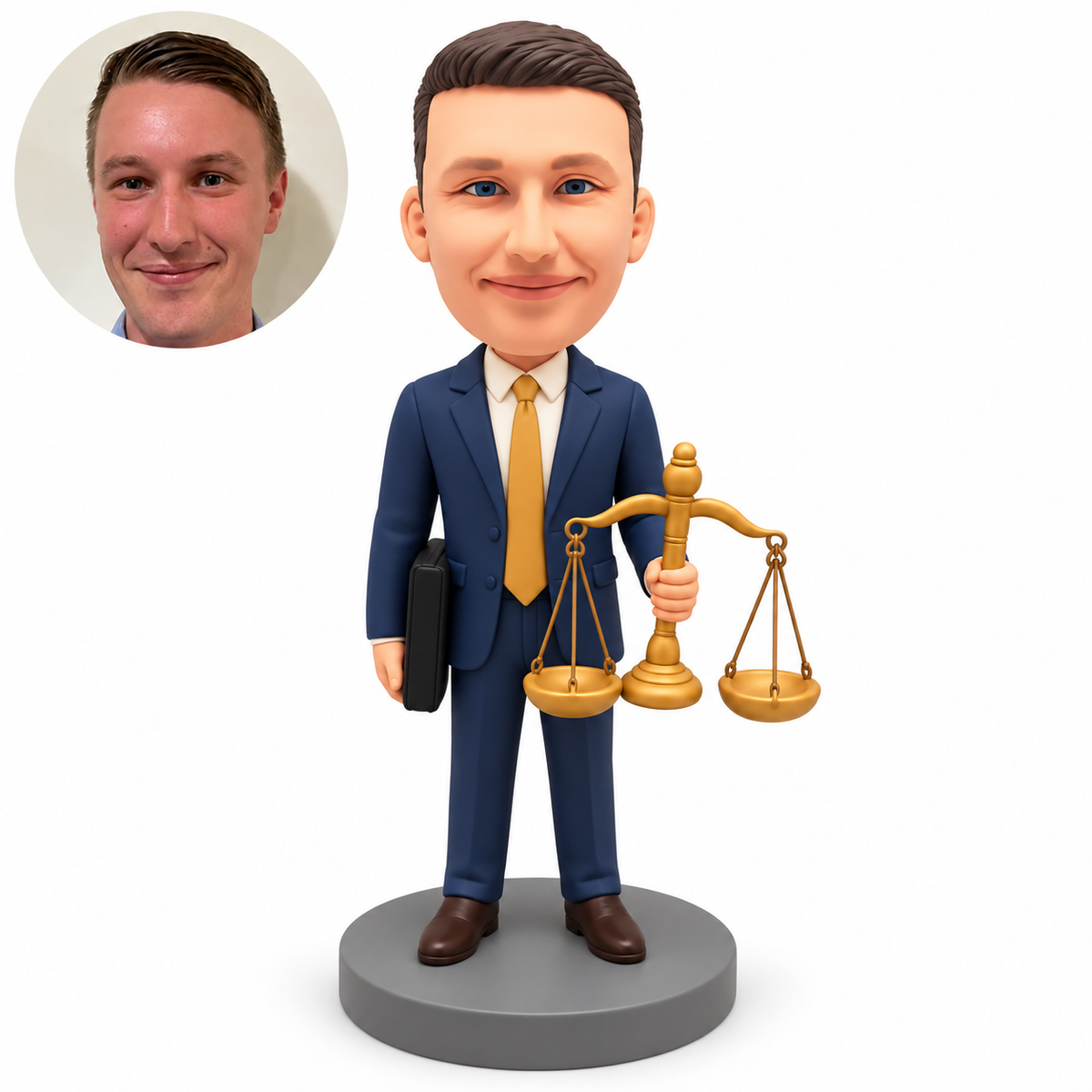 custom bobblehead figure male lawyer holding scales of justice with a black portfolio under one arm