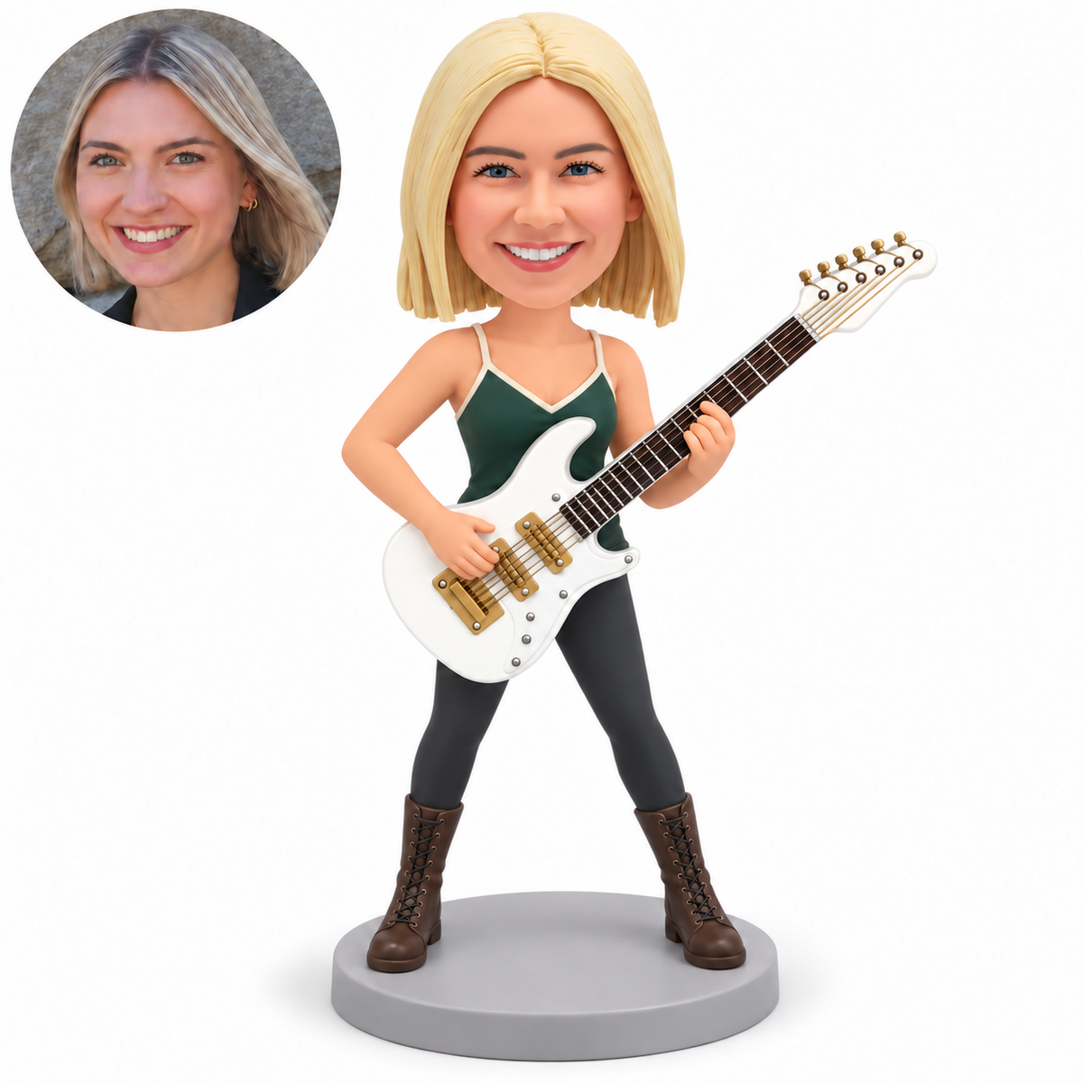 custom bobblehead figure female guitarist playing an electric guitar angled upward in a wide stance