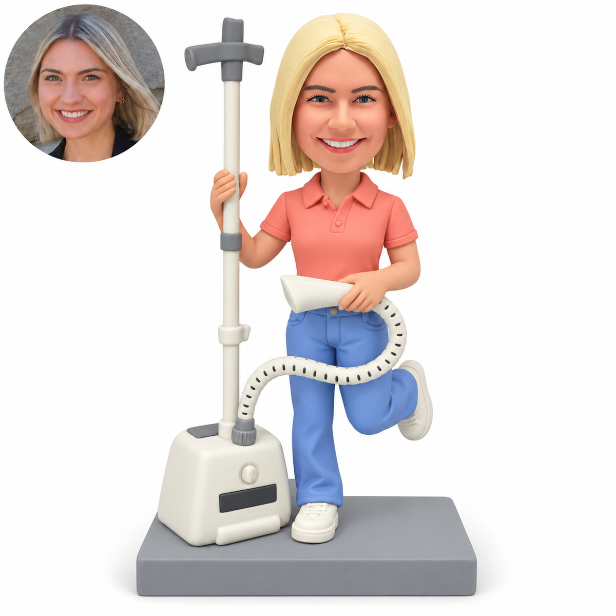 custom bobblehead figure woman using a garment steamer with one leg bent backward