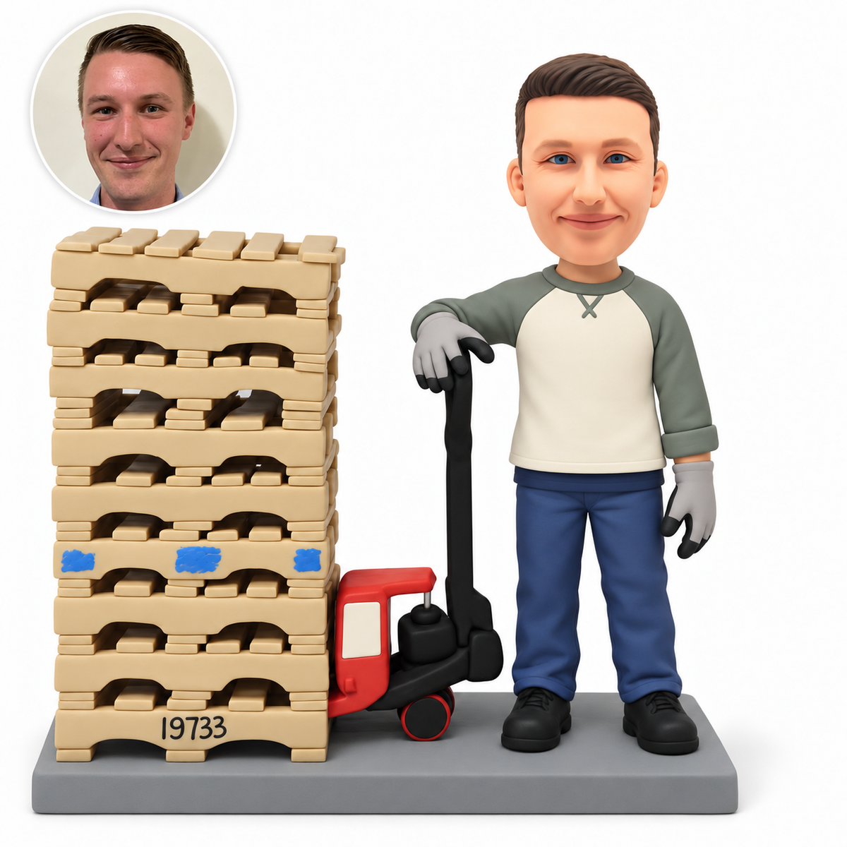custom bobblehead figure male warehouse worker resting one gloved hand on a pallet jack beside stacked wooden pallets