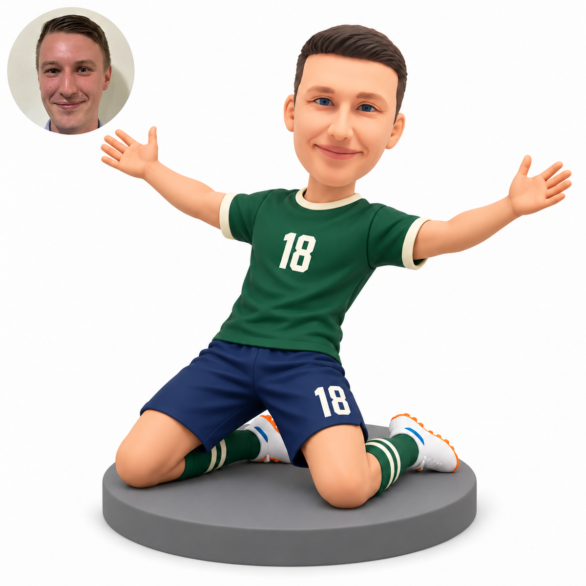 custom bobblehead figure male soccer player kneeling on both knees with arms spread and open palms
