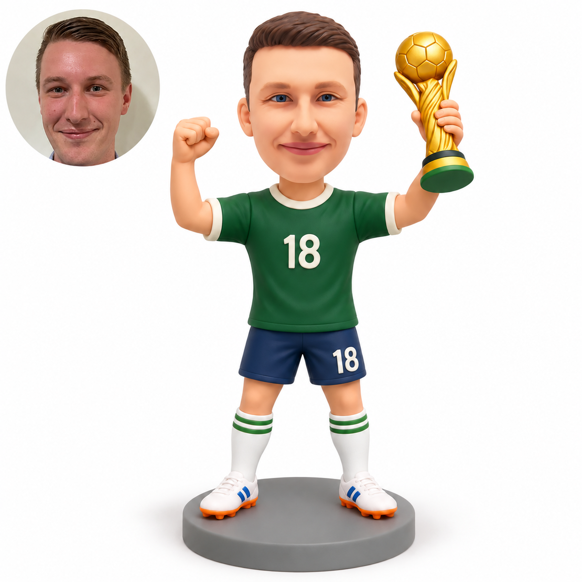 custom bobblehead figure male soccer champion raising a gold ball trophy in his left hand and his right fist