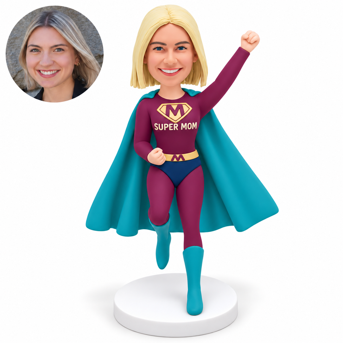 custom bobblehead figure woman in a full hero bodysuit and cape raising her left fist with her right knee lifted