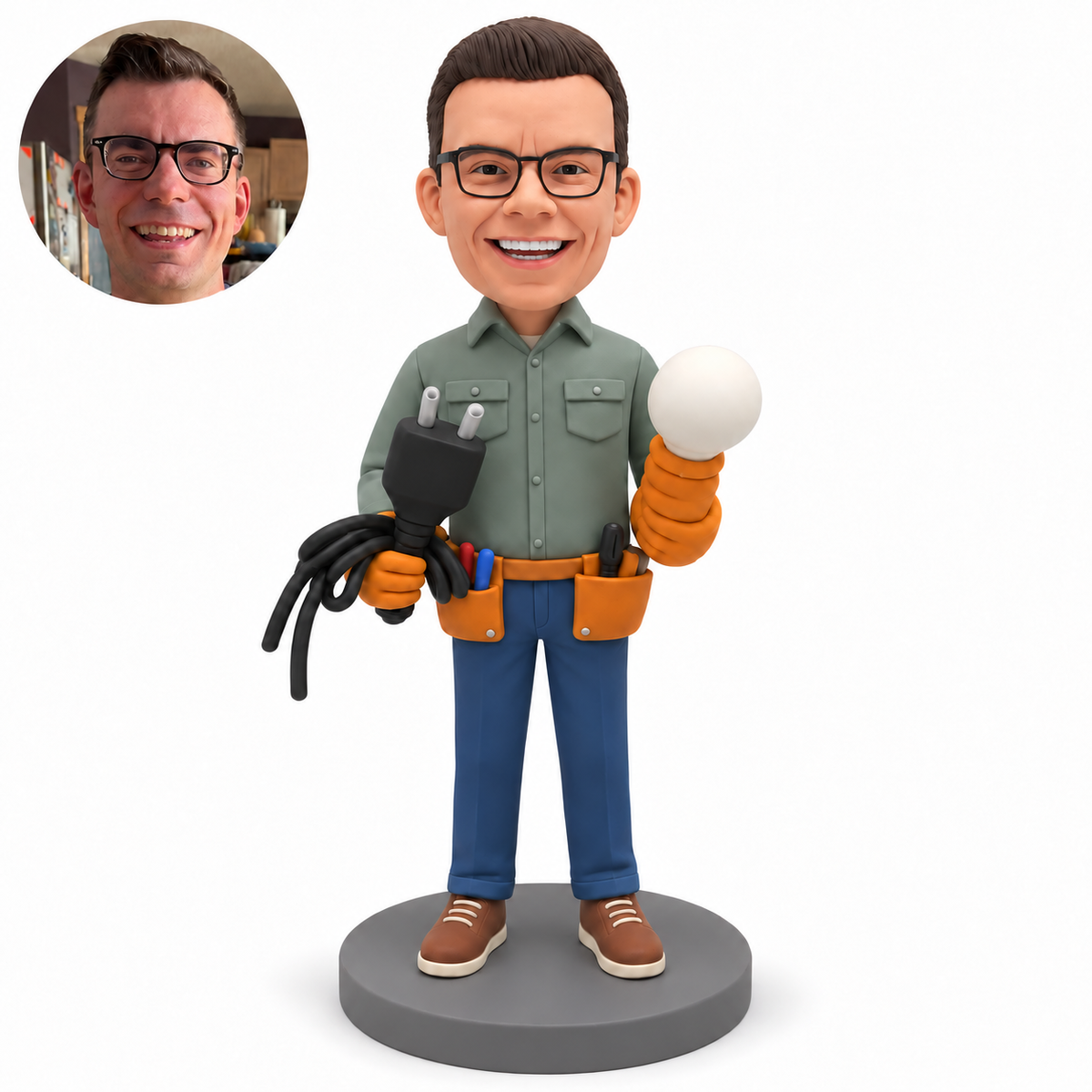 custom bobblehead figure male electrical worker in gloves holding a coiled plug cord in his right hand and a large bulb in his left