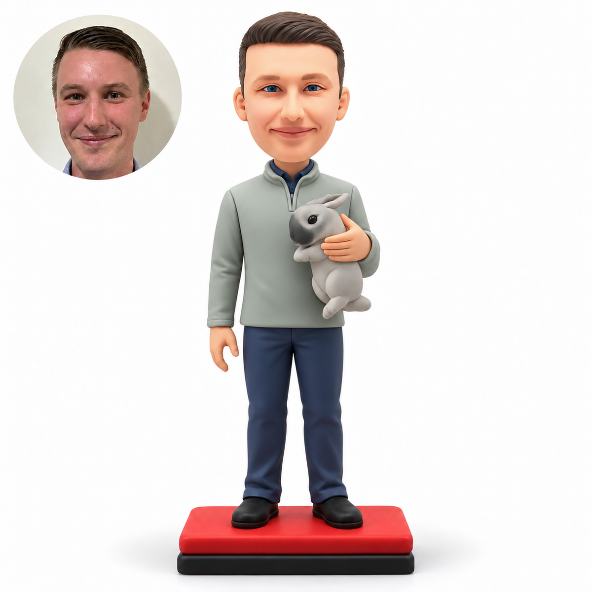 custom bobblehead figure man holding a gray rabbit in his left arm with his right arm lowered