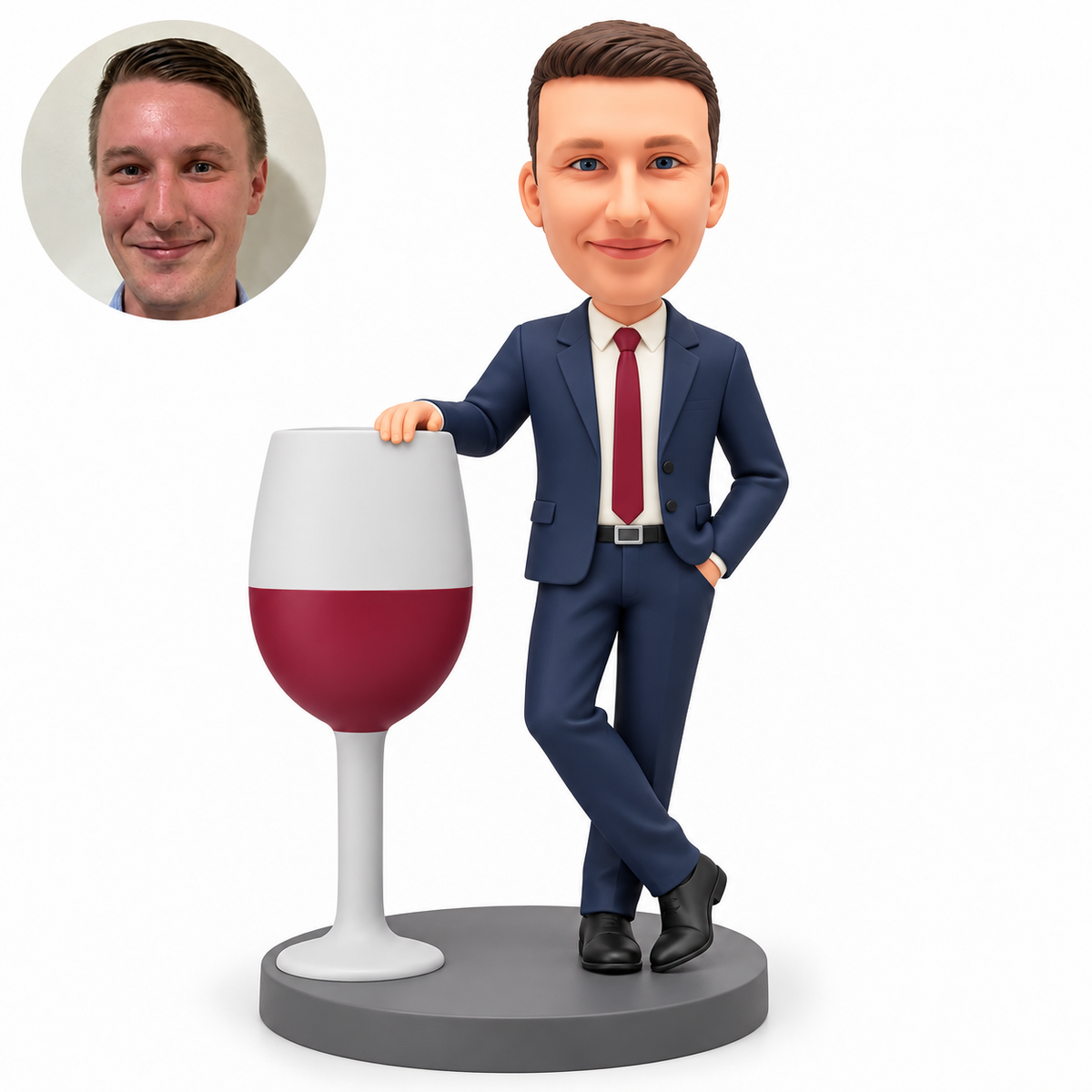 custom bobblehead figure man in a suit resting his right hand on a giant wine glass with crossed legs
