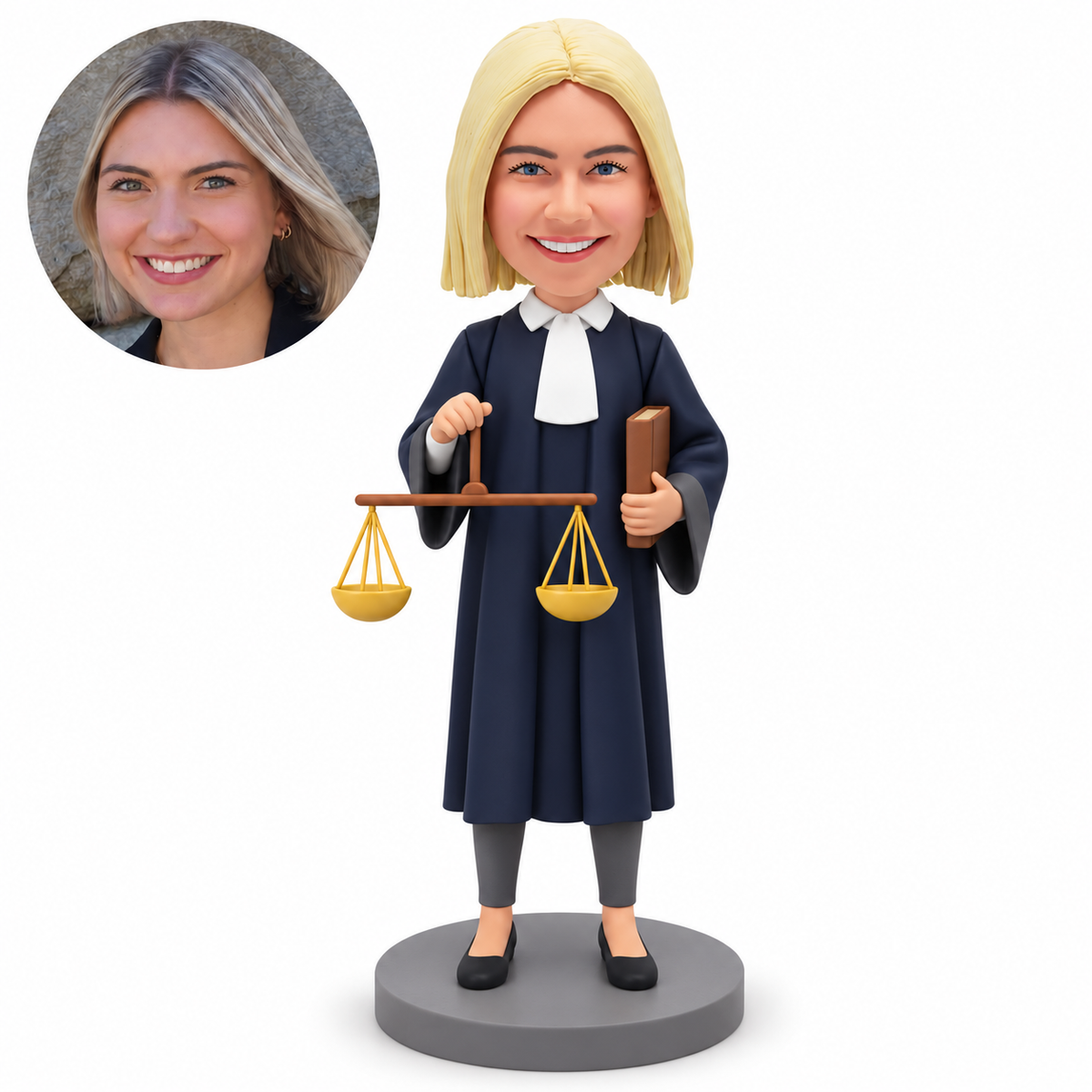 custom bobblehead figure female judge suspending scales in her right hand with a closed book under her left arm