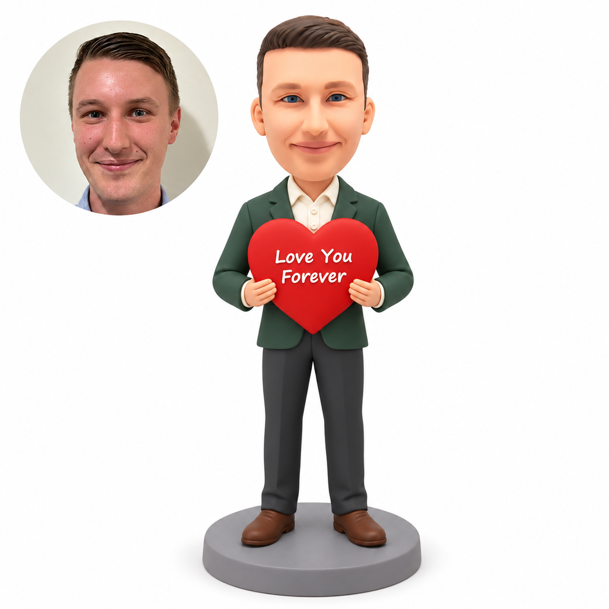 custom bobblehead figure man in a blazer gripping both sides of a heart at his chest