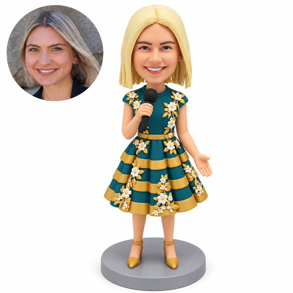 custom bobblehead figure female singer in a tiered knee length dress holding a microphone with her left palm open by her hip