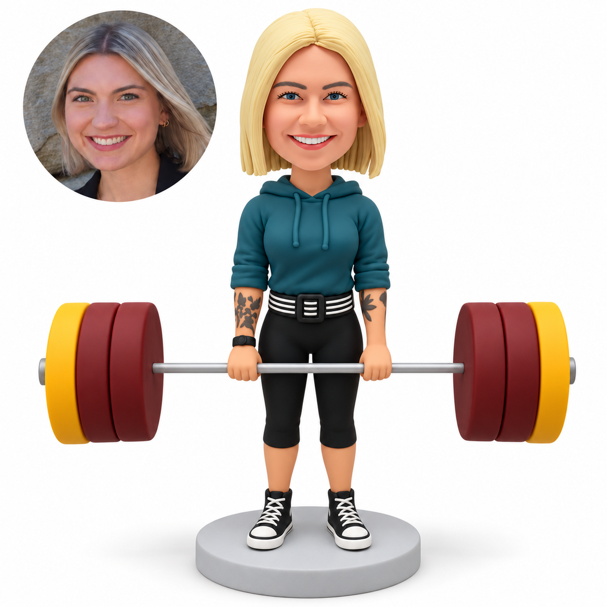 custom bobblehead figure female weightlifter standing upright with a lifting belt and a large barbell at her thighs