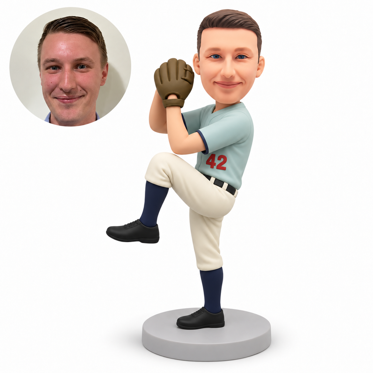 custom bobblehead figure baseball pitcher lifting one knee high with his glove beside his face