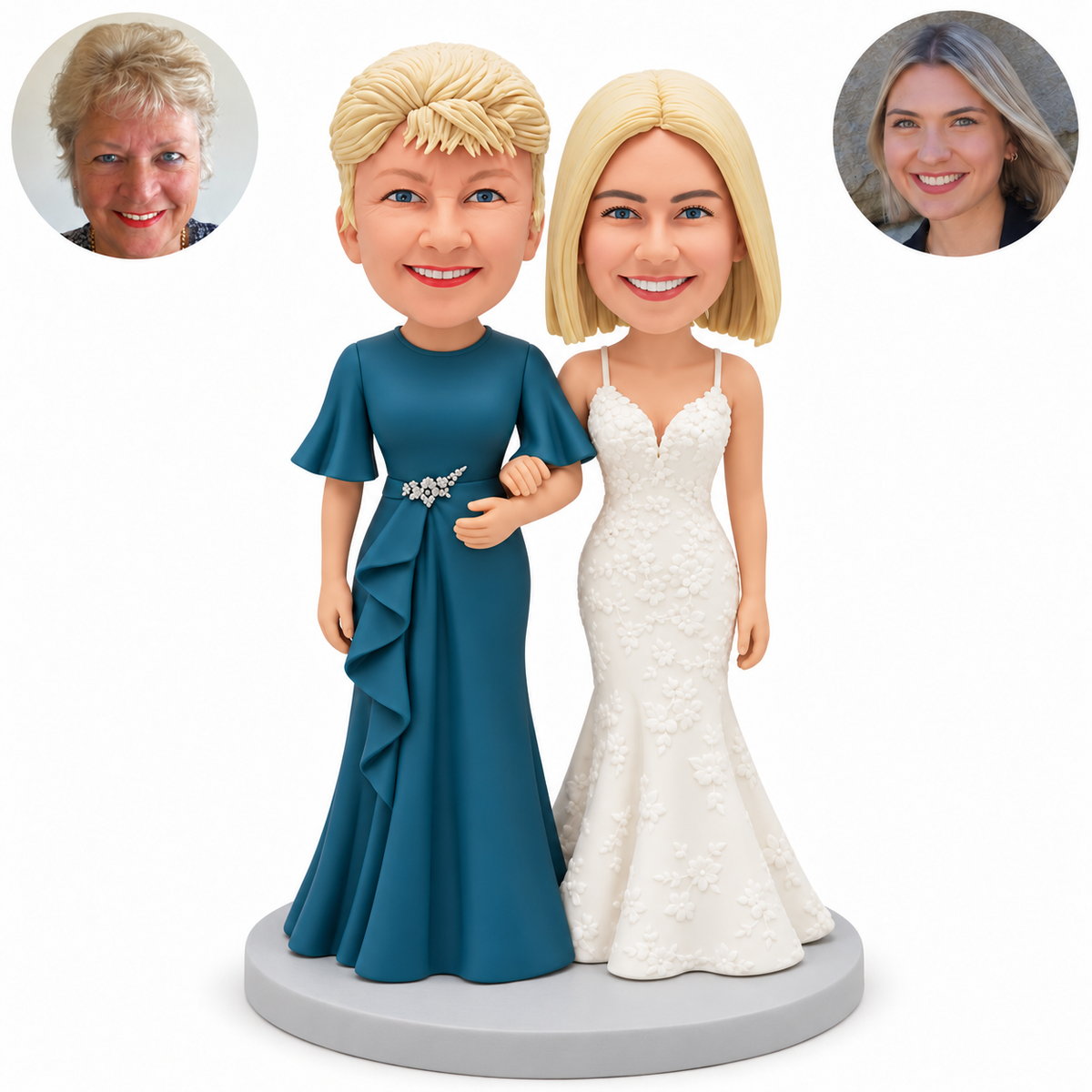 custom bobblehead figures mother and adult daughter linking arms in floor length gowns
