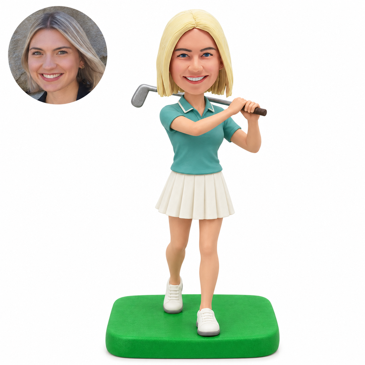 custom bobblehead figure female golfer holding a club behind her neck with both hands at her left shoulder
