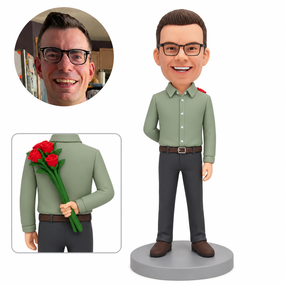 custom bobblehead figure man hiding a bouquet of red roses behind his back with his right hand