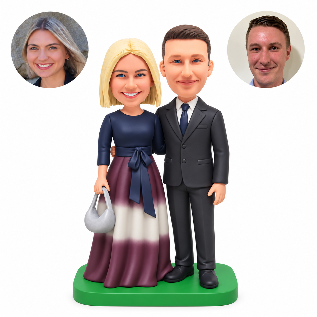 custom bobblehead figures formal couple embracing with the woman holding a handbag