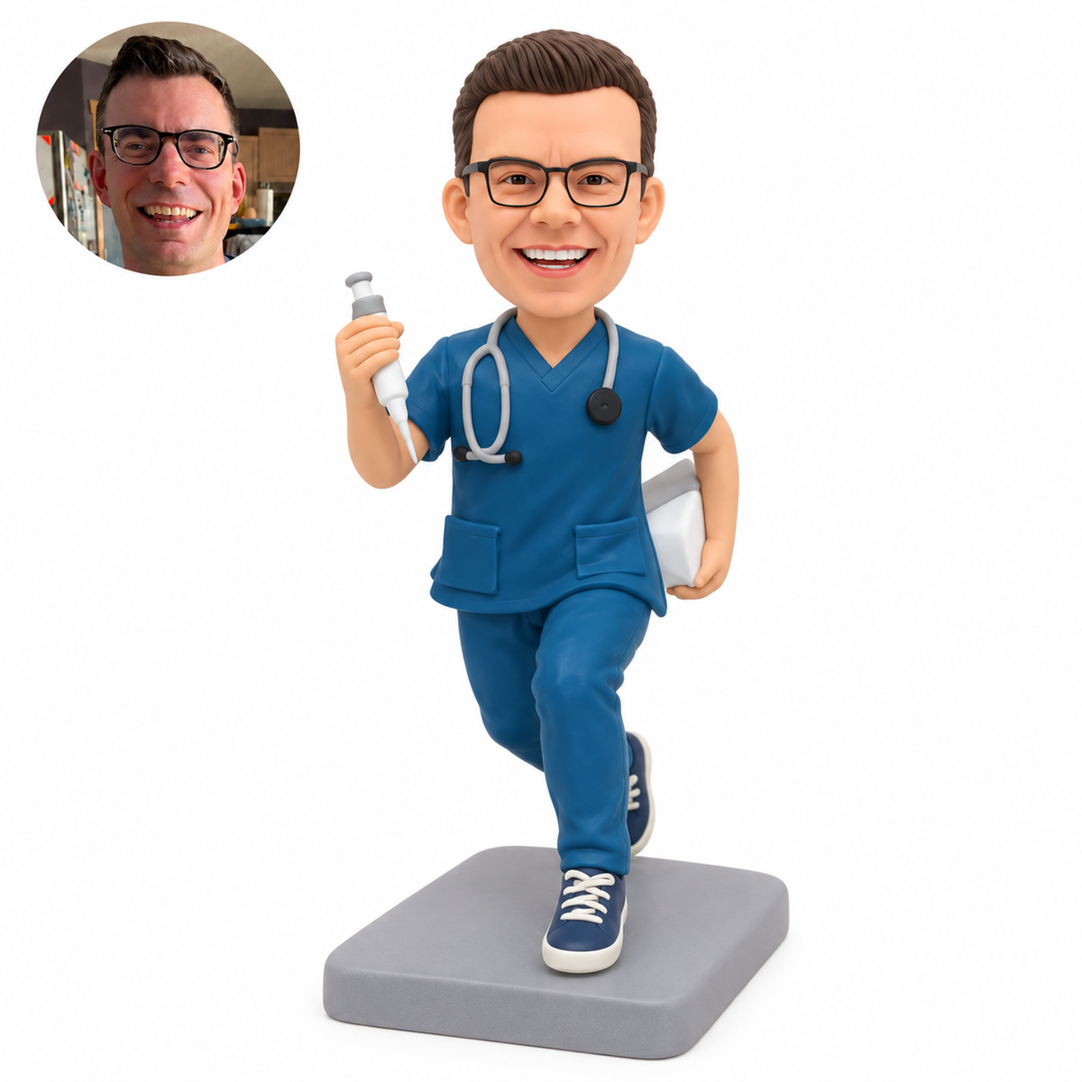custom bobblehead figure running male doctor holding a laboratory micropipette