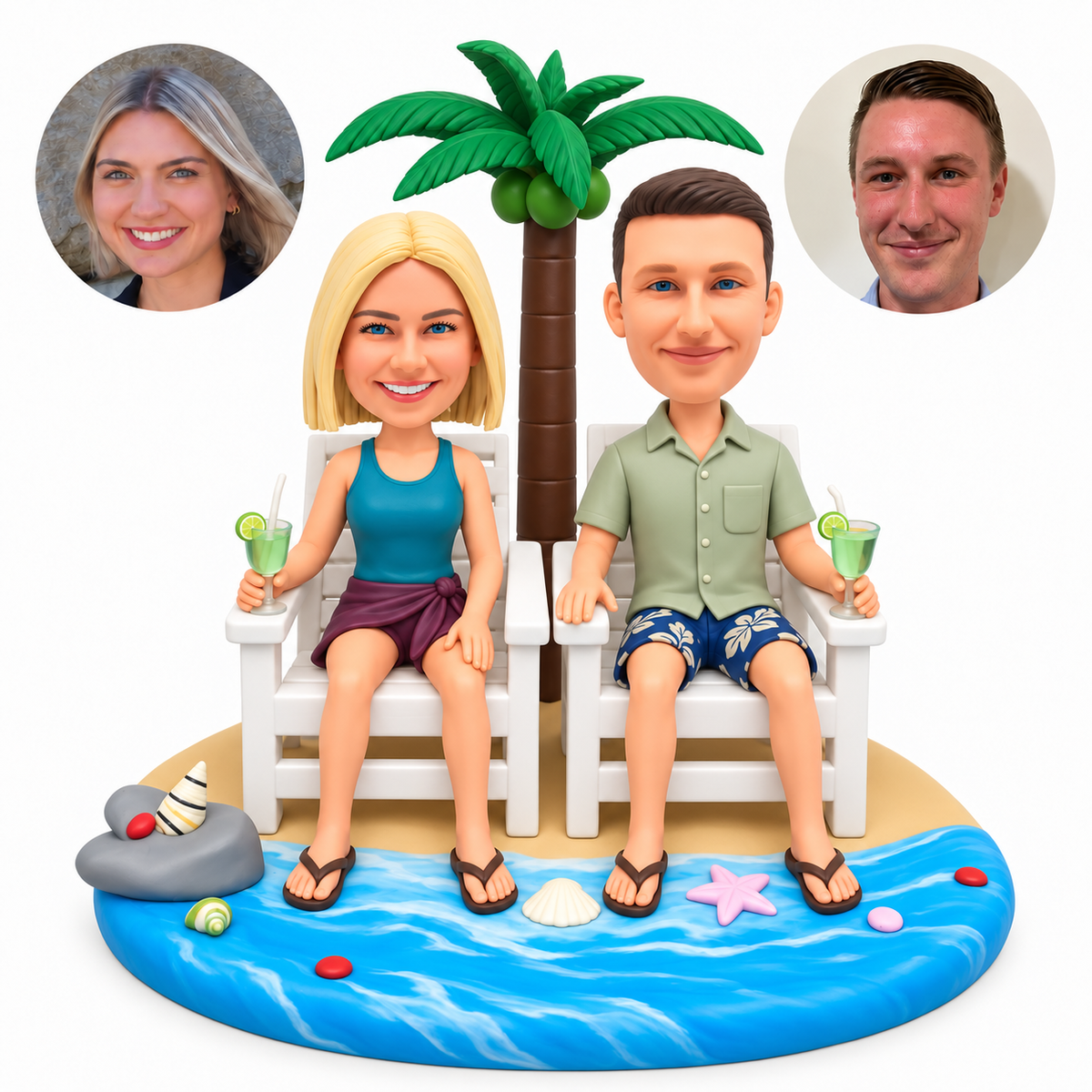 custom bobblehead figures holiday couple in beach chairs with drinks and a palm tree