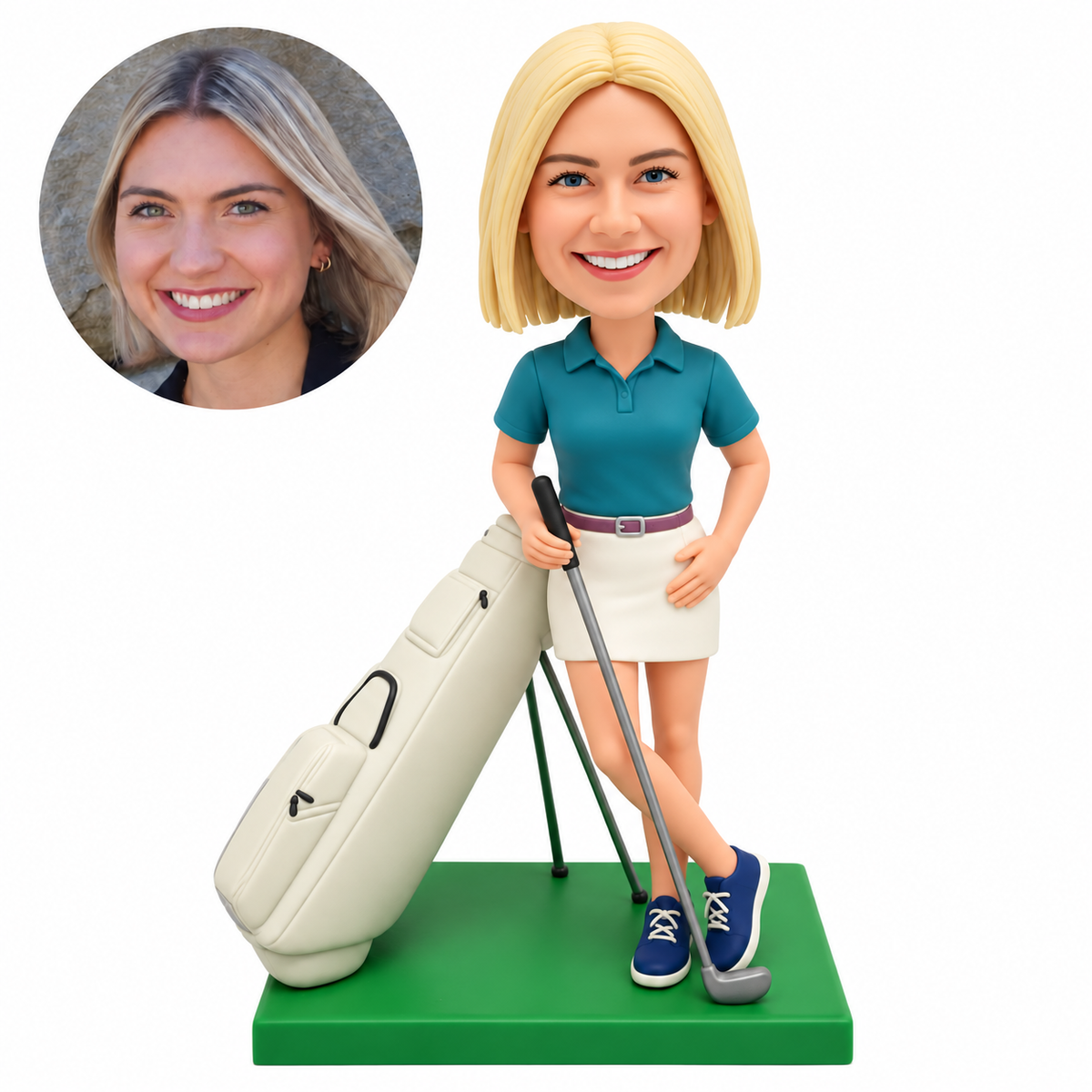 custom bobblehead figure female golfer with crossed legs beside a tilted golf bag