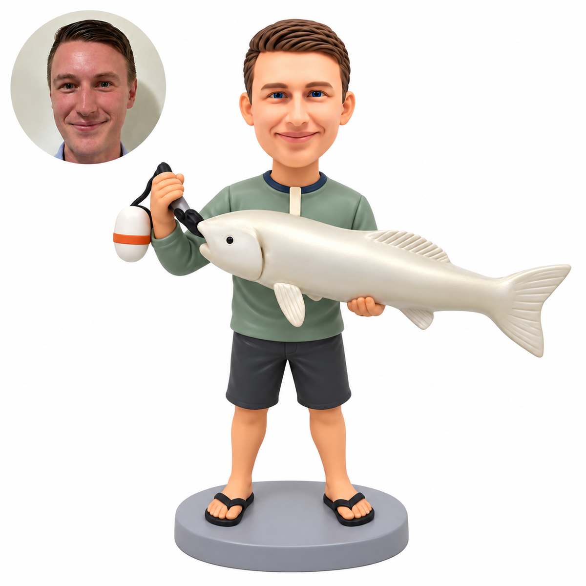 custom bobblehead figure male fisherman holding a giant fish horizontally with a lip gripper and float