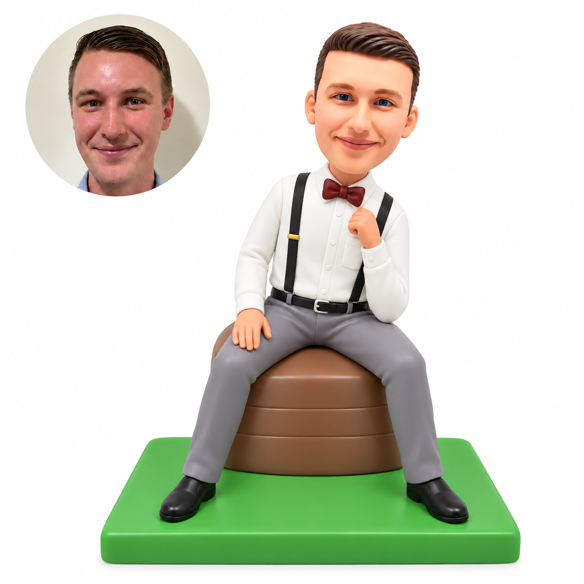 custom bobblehead figure man in suspenders seated with one hand raised near his collar
