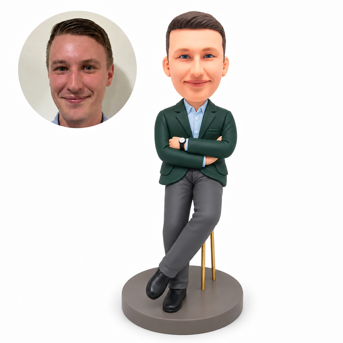 custom bobblehead figure male in a blazer perched on a stool with folded arms and crossed ankles