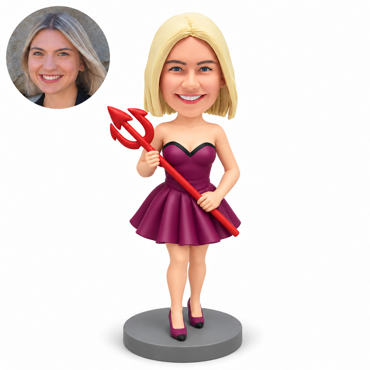 custom bobblehead figure female in a flared costume dress holding a trident diagonally