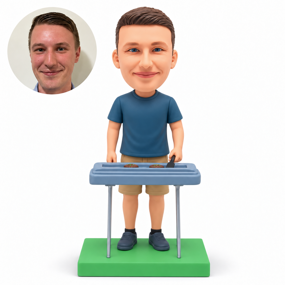 custom bobblehead figure male standing behind a wide barbecue table with both arms lowered