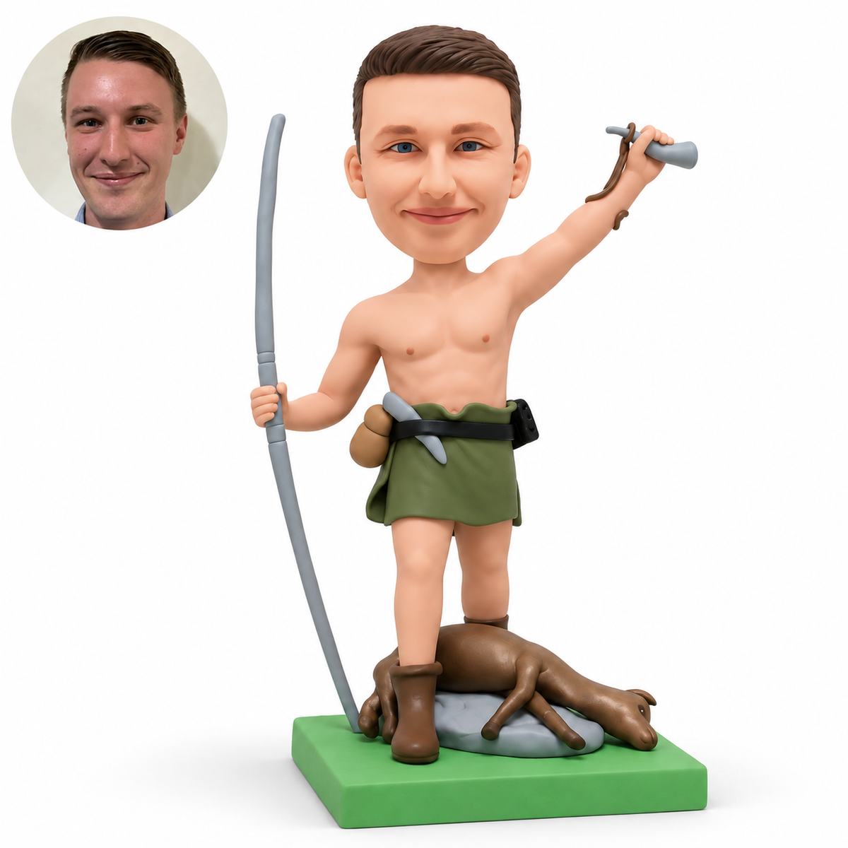custom bobblehead figure male hunter raising a horn and holding a long bow