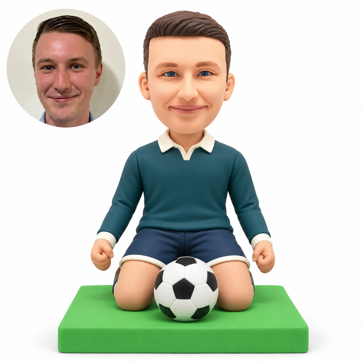 custom bobblehead figure male soccer player kneeling on both knees with fists lowered and a ball in front
