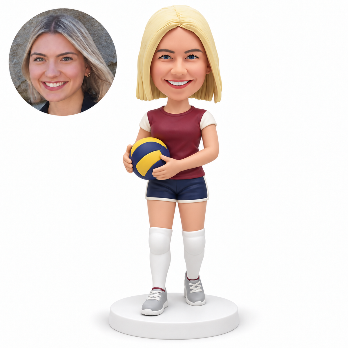 custom bobblehead figure female volleyball player holding a ball with both hands at her right waist