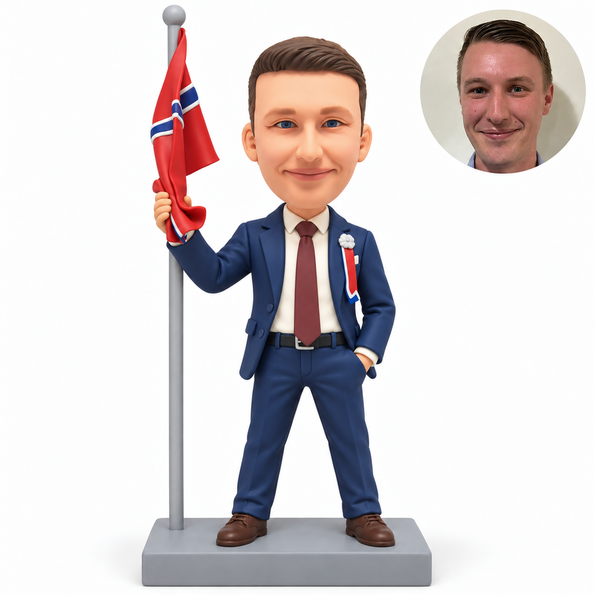 custom bobblehead figure male in a suit holding a tall flagpole with one hand in his pocket