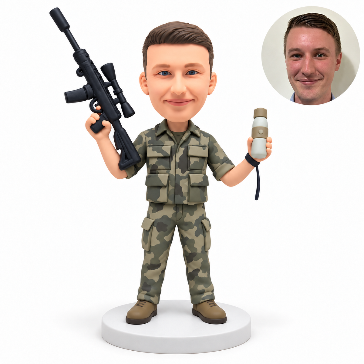 custom bobblehead figure male soldier holding a raised rifle model and a water bottle