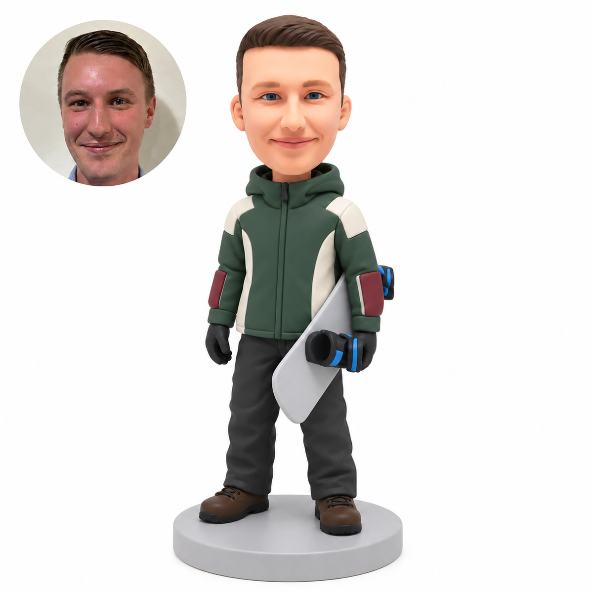 custom bobblehead figure male snowboarder carrying a board diagonally under one arm