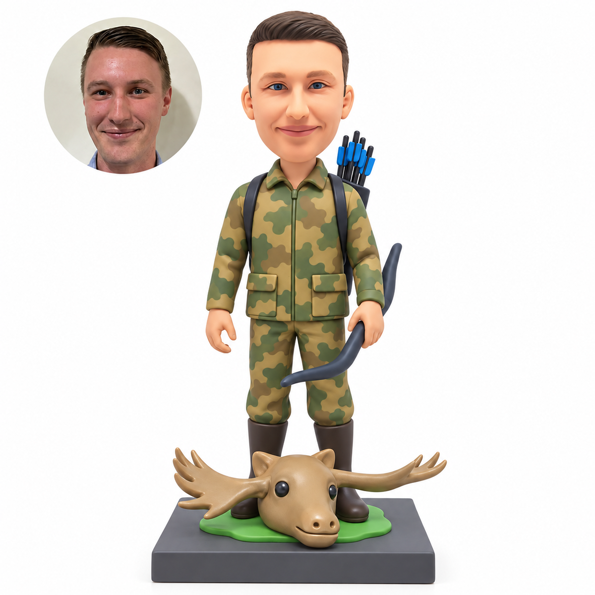 custom bobblehead figure male hunter holding a lowered bow with a quiver and an antlered trophy