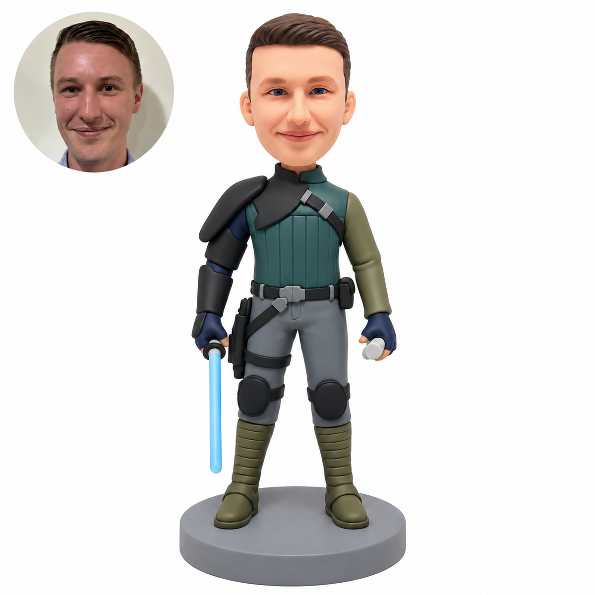 custom bobblehead figure male space adventurer holding a lowered light sword and a small cylinder