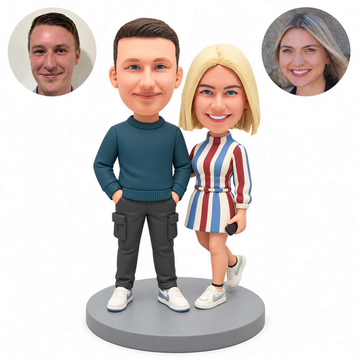 custom bobblehead figures casual couple with the woman holding a phone and lifting one foot