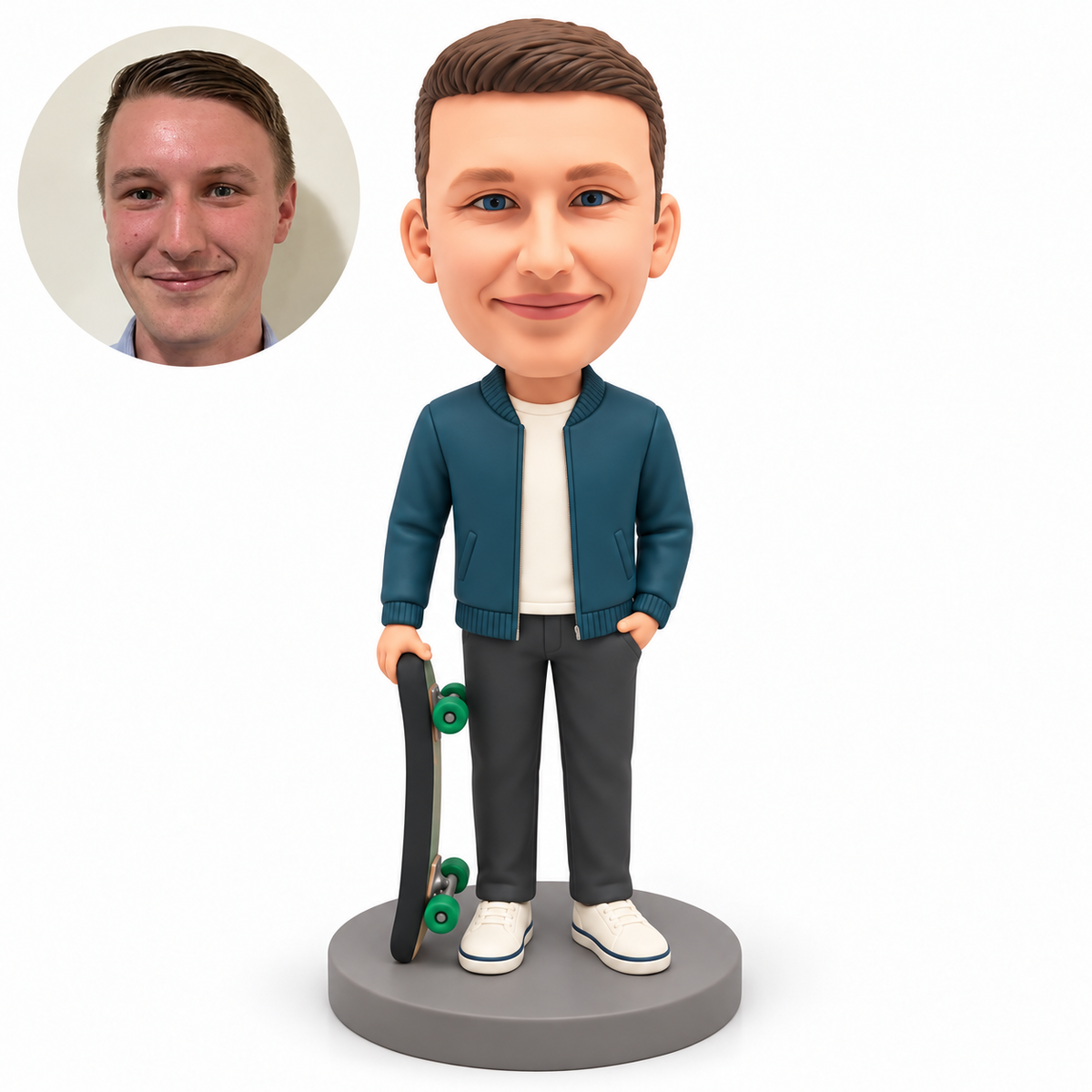 custom bobblehead figure male skater holding an upright skateboard with one hand in his pocket