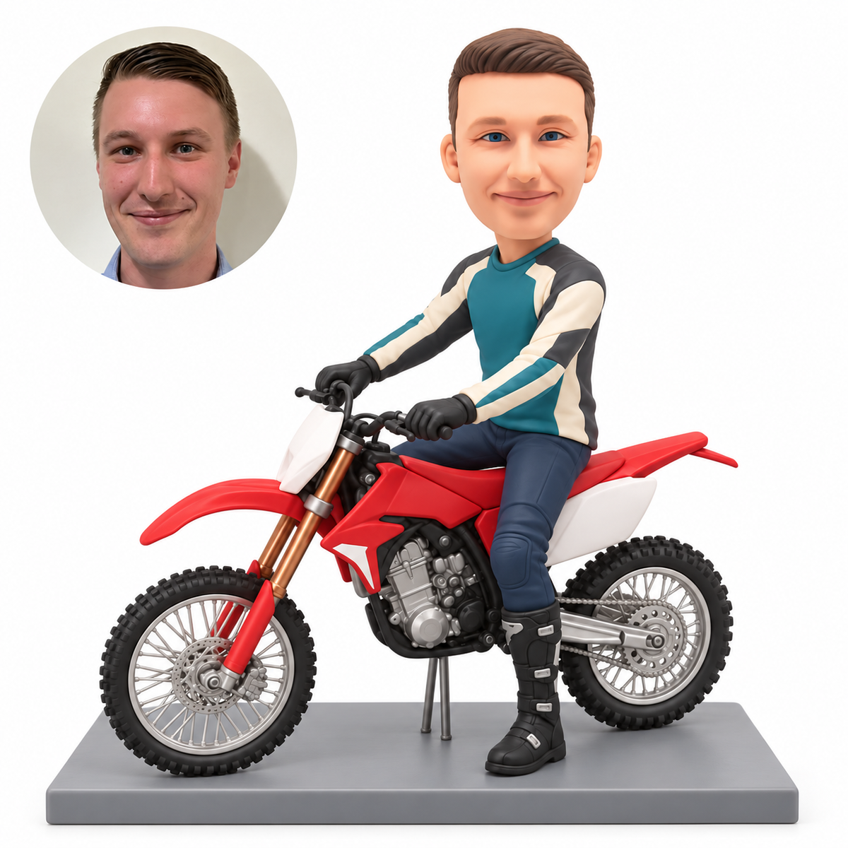 custom bobblehead figure male motocross rider seated on an off-road motorcycle