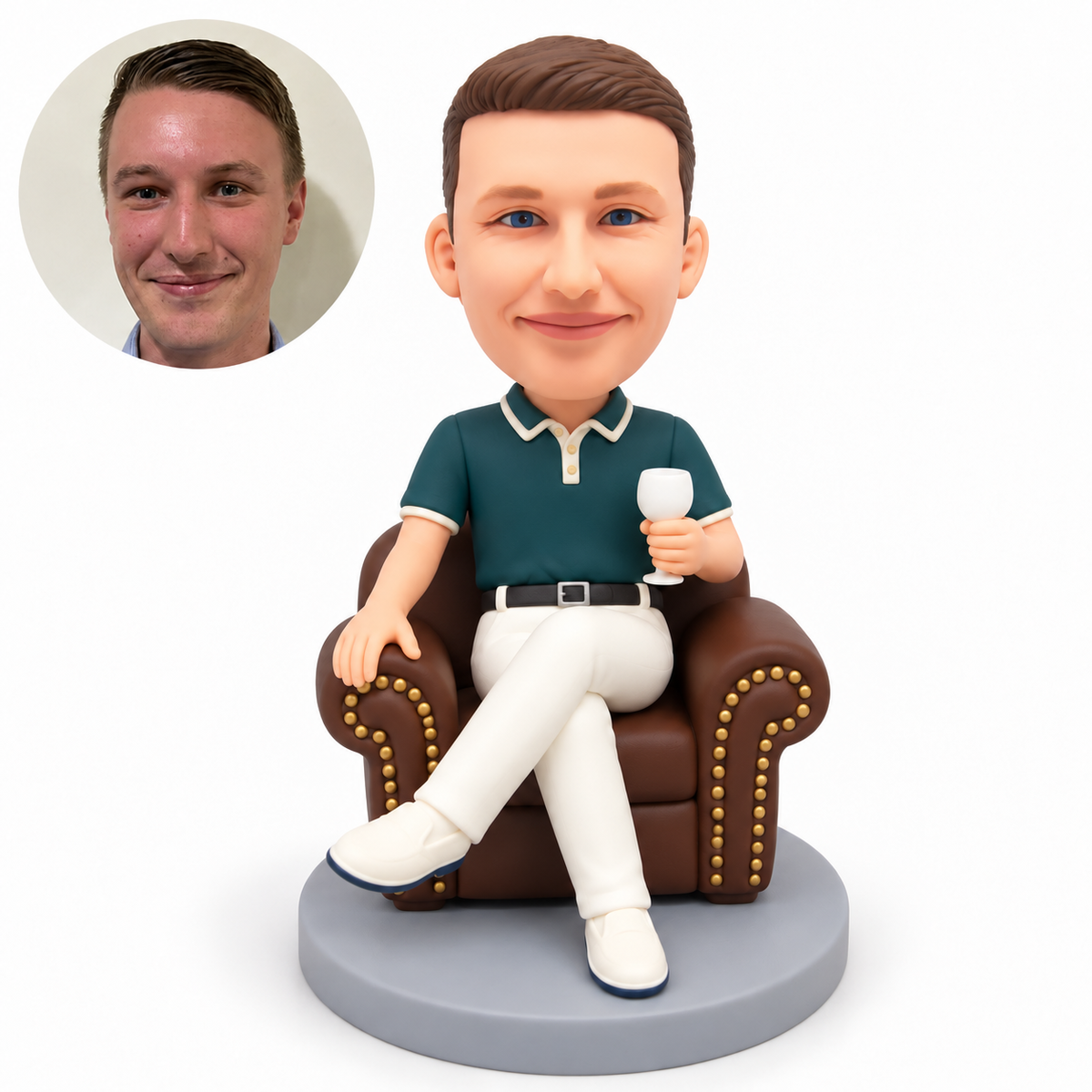 custom bobblehead figure casual man in an armchair holding a goblet with his other hand on the armrest