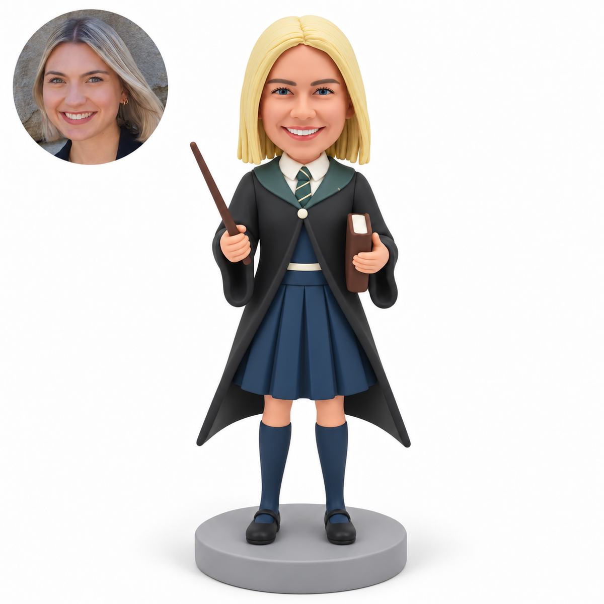 custom bobblehead figure woman in a wizard robe and pleated skirt holding a wand and book