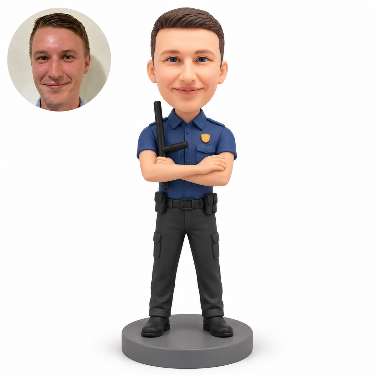 custom bobblehead figure male police officer with crossed arms holding an upright side-handle baton