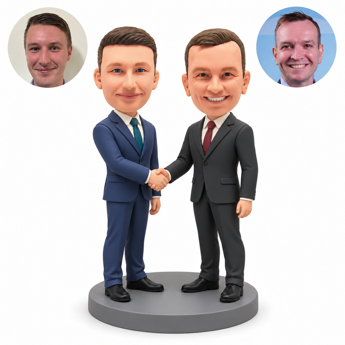 custom bobblehead figures two business partners in suits shaking hands