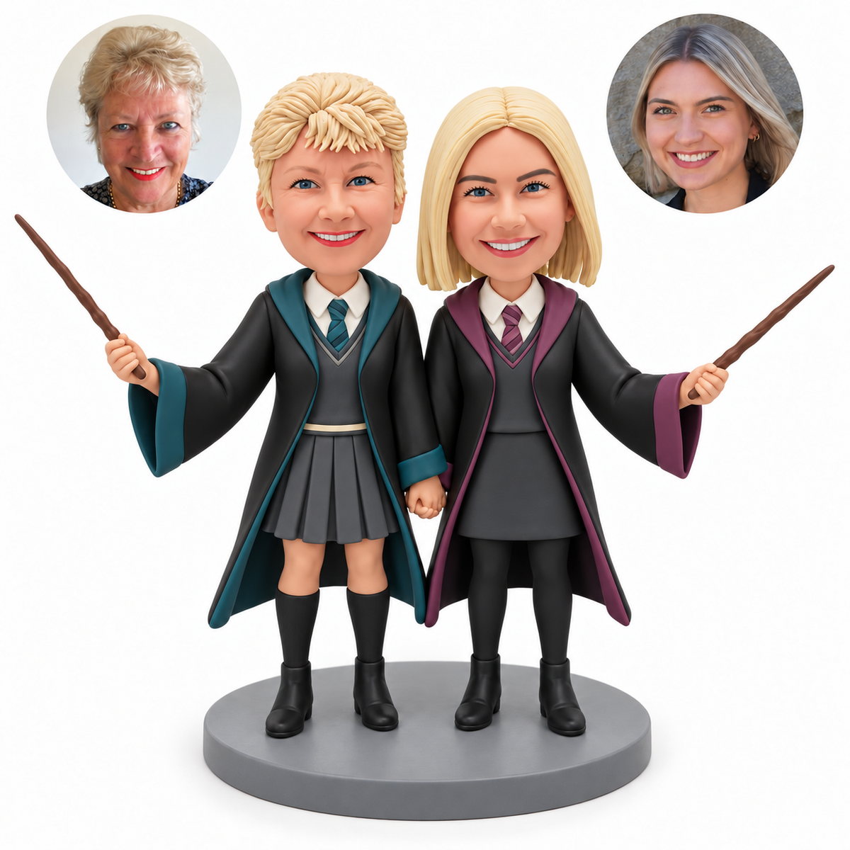 custom bobblehead figures two women in wizard robes holding hands and raising wands